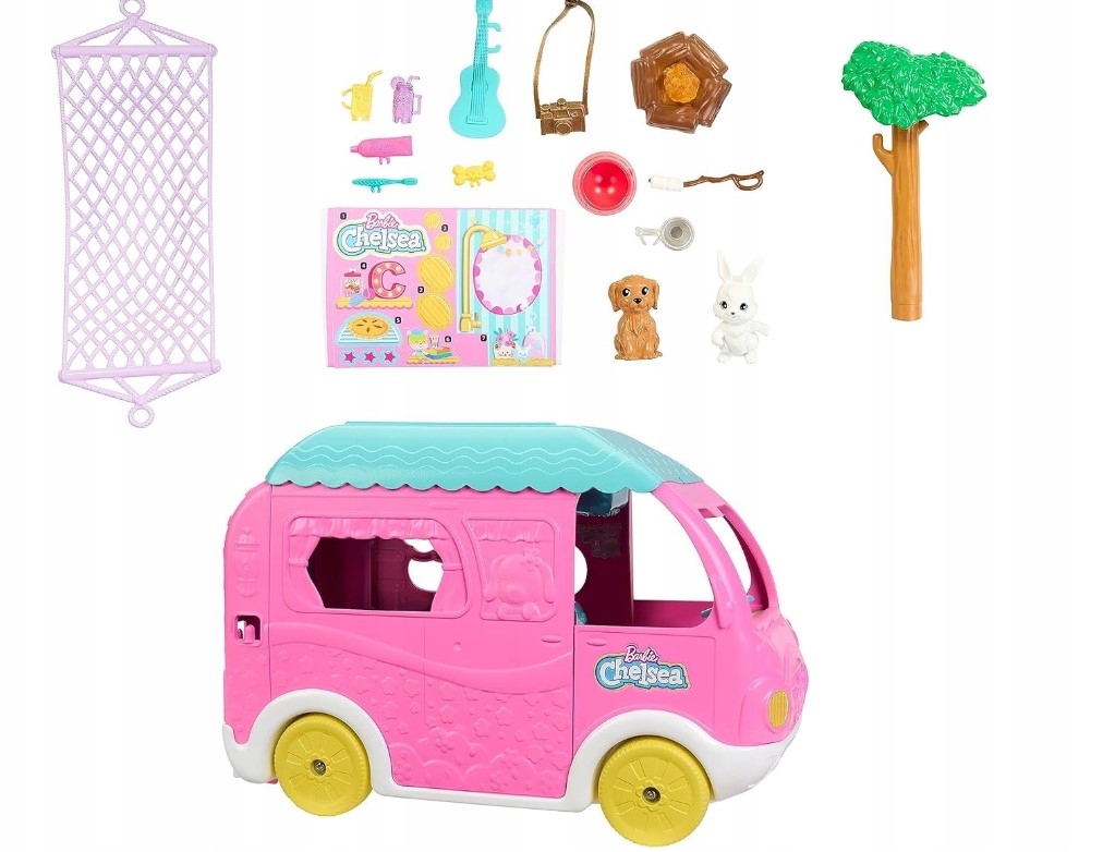 عربة باربي تشيلسي الوردية- دمية تشيلسي -16اكسسوارات