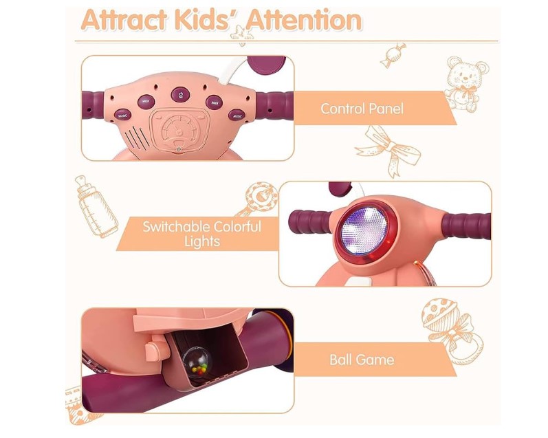 مشاية أطفال متعددة الوظائف مع ضوء وموسيقى وردي