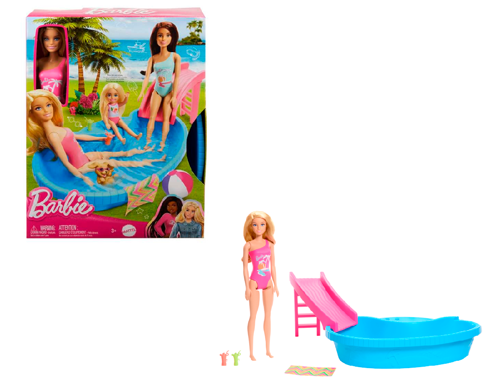 Blonde hair doll with pool, slide and towel