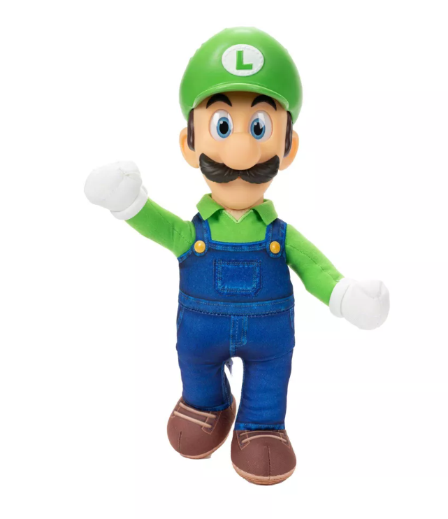 Luigi movable plush toy from the Super Mario movie